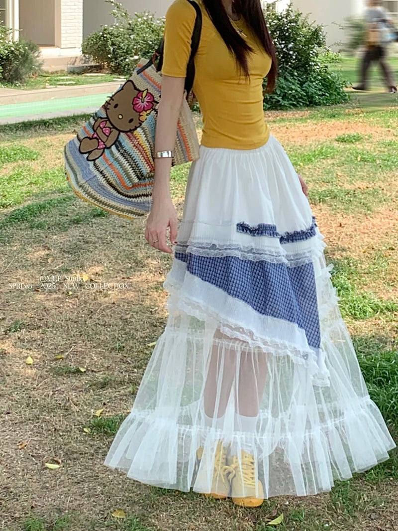 Mesh Irregular Lace Plaid Skirt