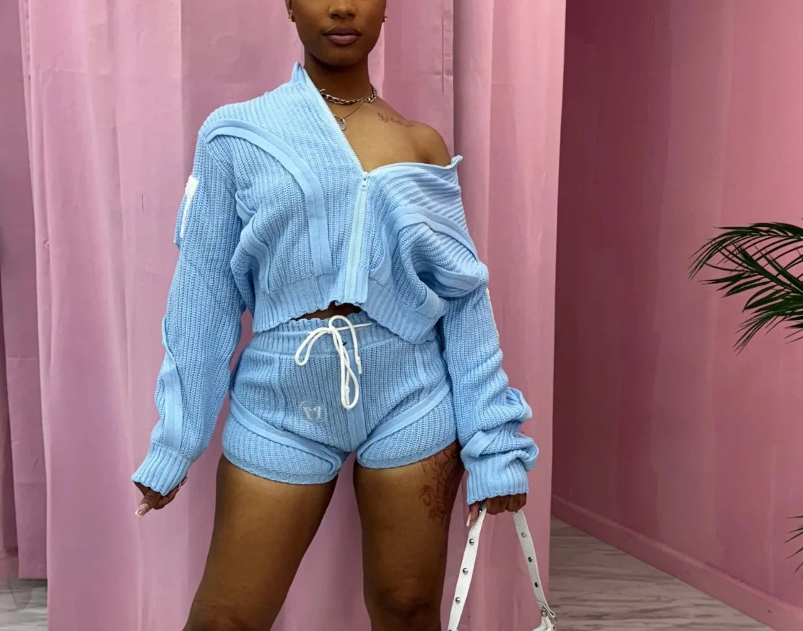 Blue Knitting Two Piece Set