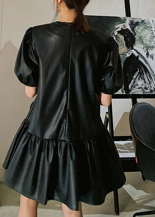 Black Leather Puff Sleeve Mini Dress