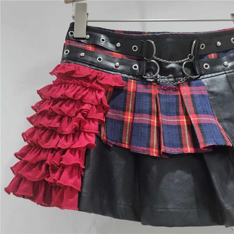 Punk Pu Leather Plaid Asymmetric High Waist Skirt