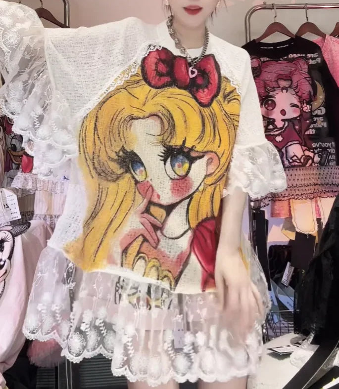 Cute Girl Sweet Lace Splicing T-shirt