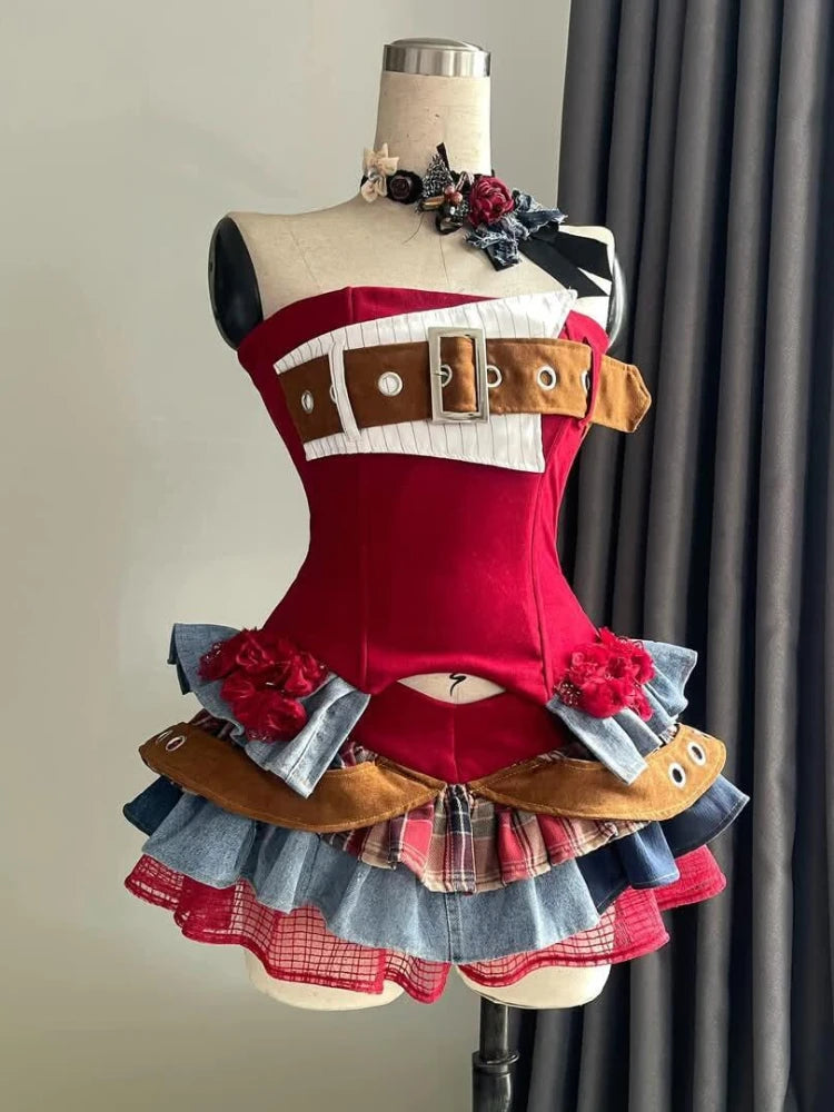 Preppy Style Vintage Denim Bustier Tops + Sweet Spicy Mini Skirt