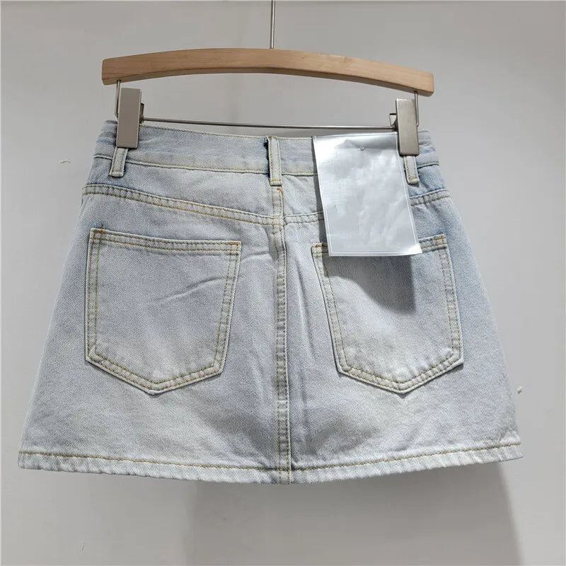 Burr Edge Denim High Waist Wrap Skirt