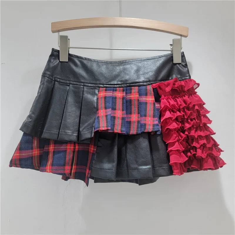 Punk Pu Leather Plaid Asymmetric High Waist Skirt