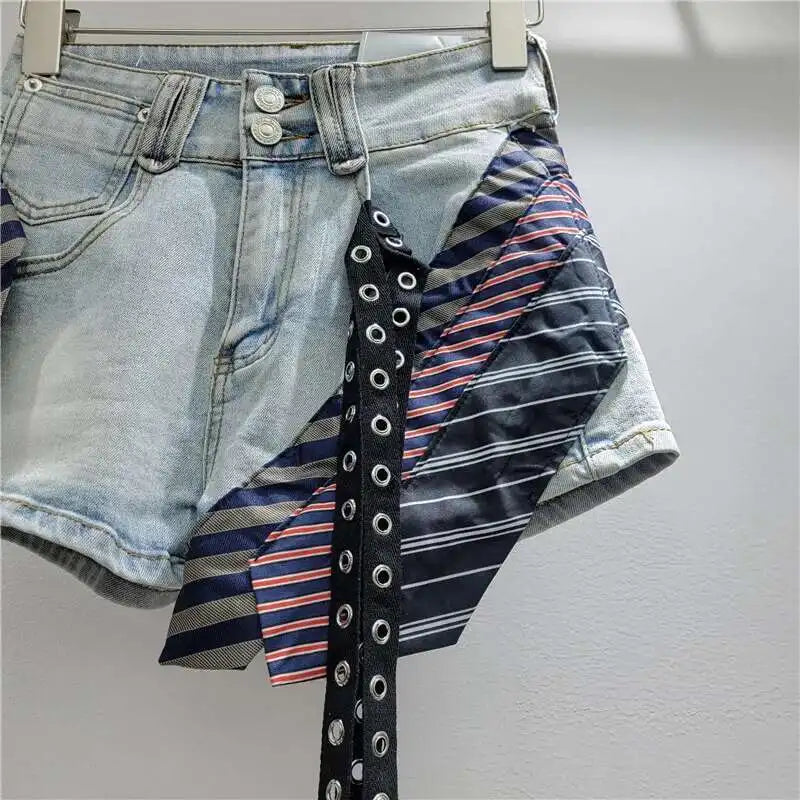 Striped Tie Ribbons Wide Leg Denim Shorts