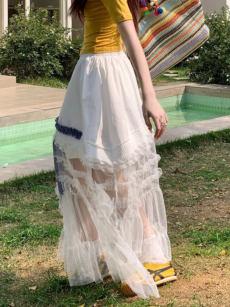 Mesh Irregular Lace Plaid Skirt