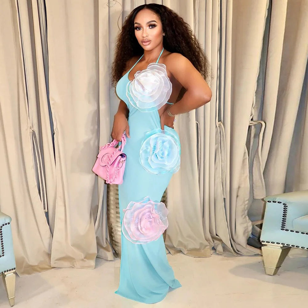 Cotton Candy 3D Flower Maxi Dress
