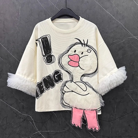 Lace Stitching Cartoon Duck T-shirt