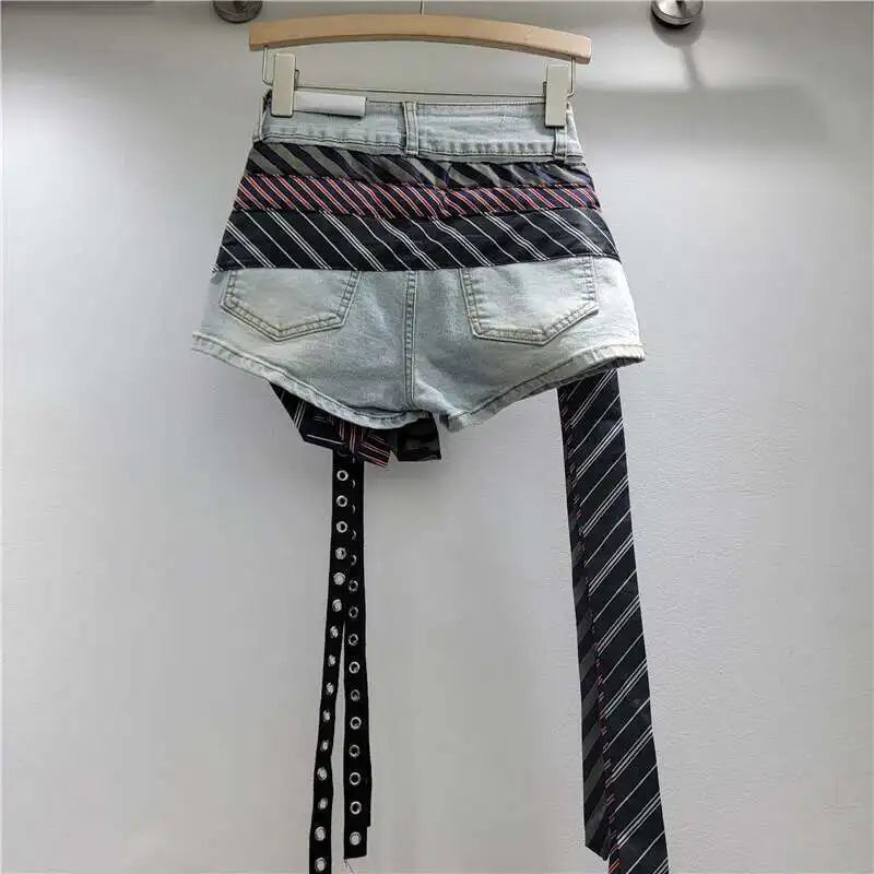 Striped Tie Ribbons Wide Leg Denim Shorts