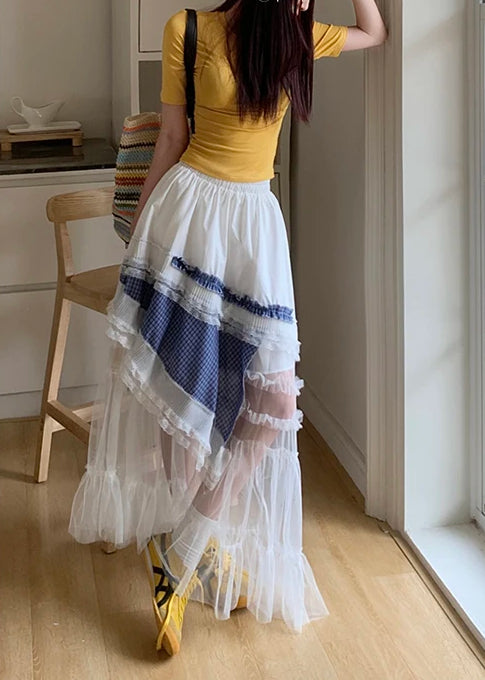 Mesh Irregular Lace Plaid Skirt
