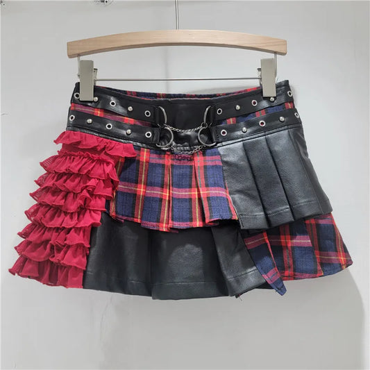 Punk Pu Leather Plaid Asymmetric High Waist Skirt