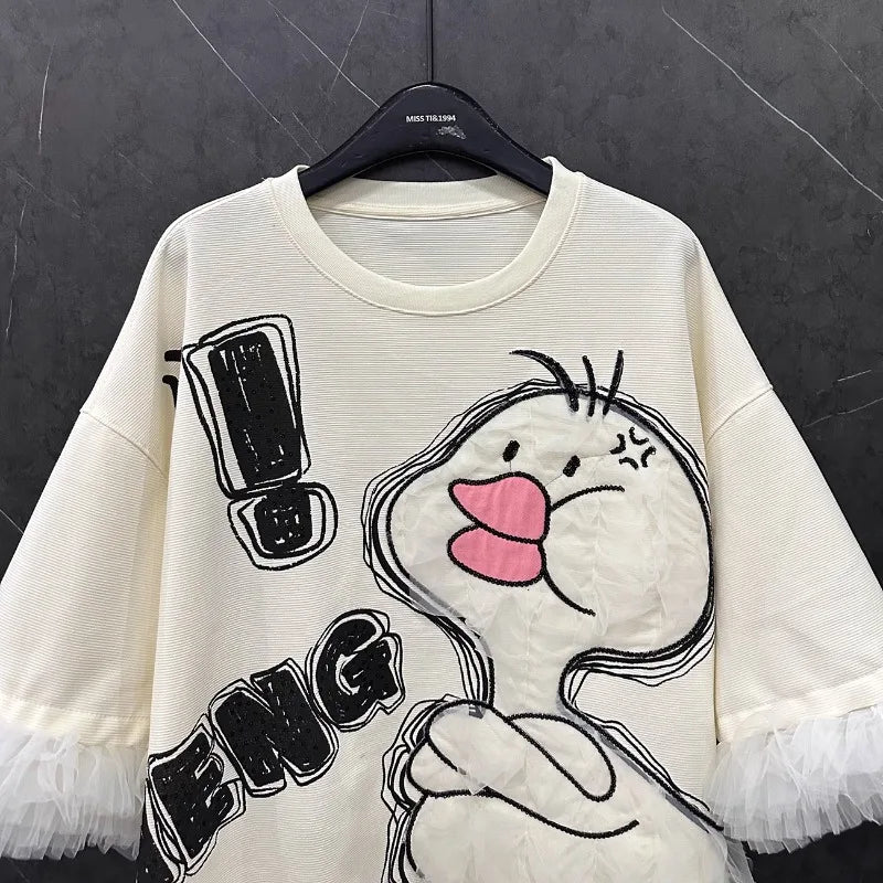Lace Stitching Cartoon Duck T-shirt