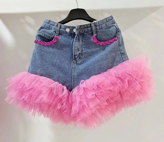 Ruffle Diamond Beaded Denim Hot Shorts