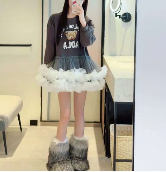 Bear Bubble Mesh Tutu Sweatshirt Dress