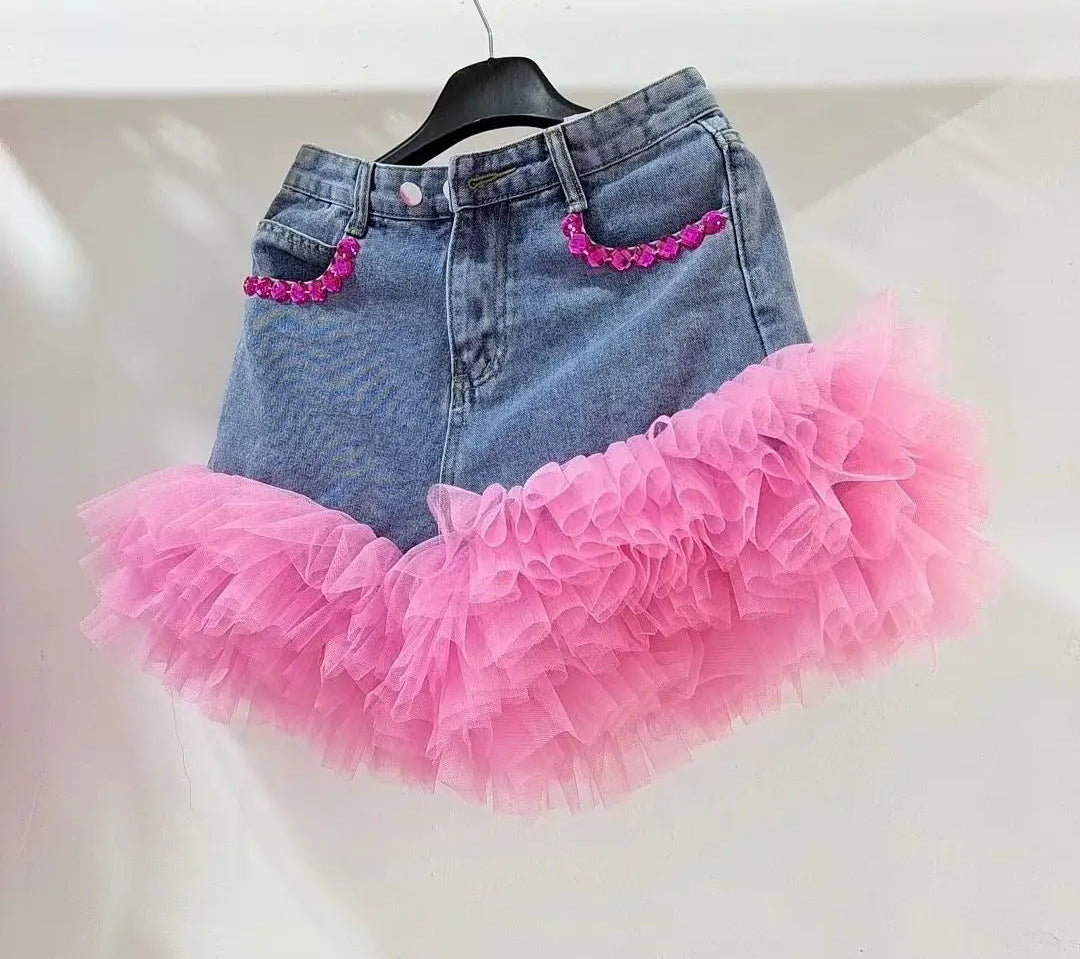 Ruffle Diamond Beaded Denim Hot Shorts
