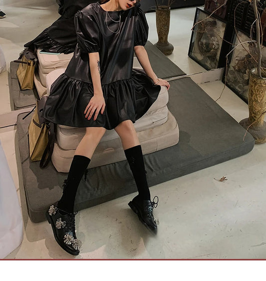 Black Leather Puff Sleeve Mini Dress