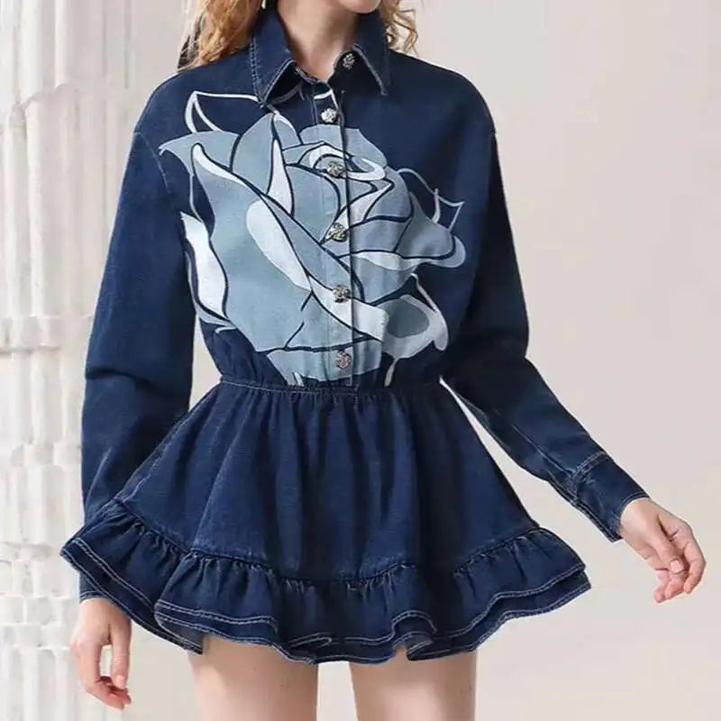 Rose Denim Ruffle Mini Dress
