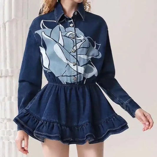 Rose Denim Ruffle Mini Dress