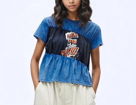 Splicing Fold Waist Short Sleeve T-shirt