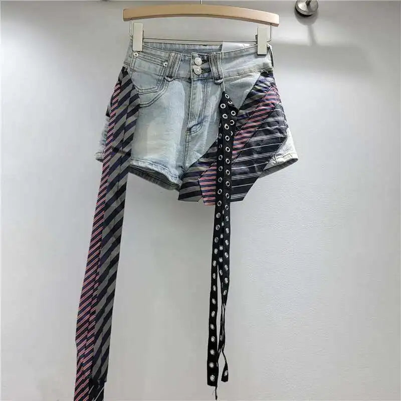 Striped Tie Ribbons Wide Leg Denim Shorts