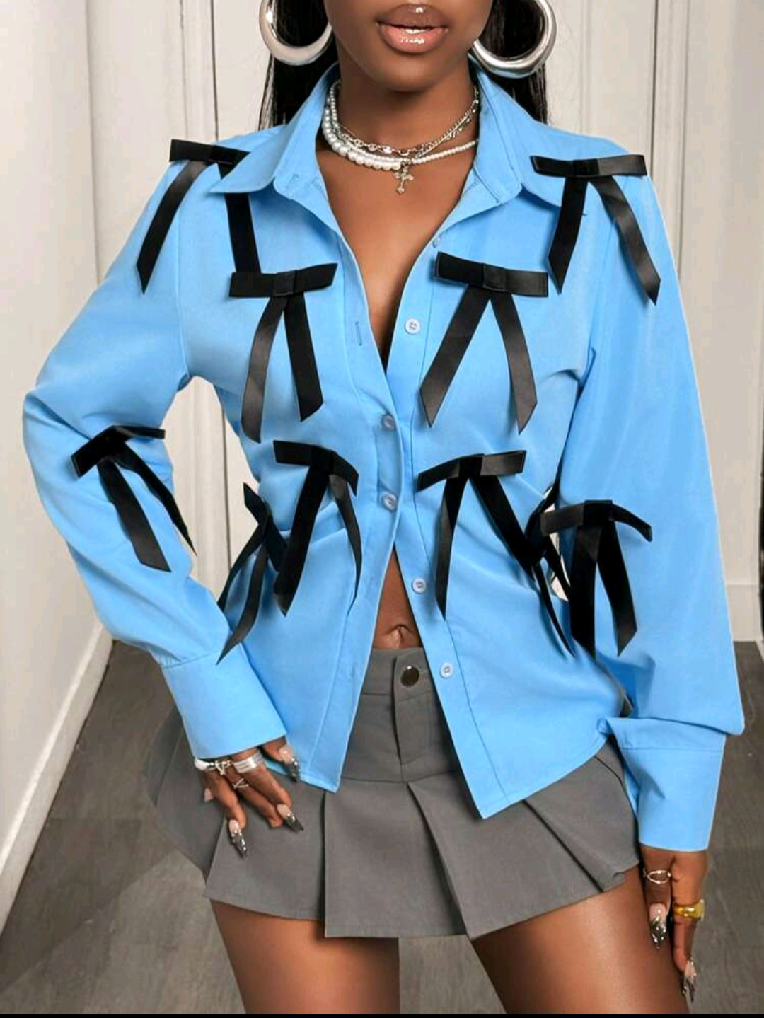 Color Block Bow Cardigan Shirt